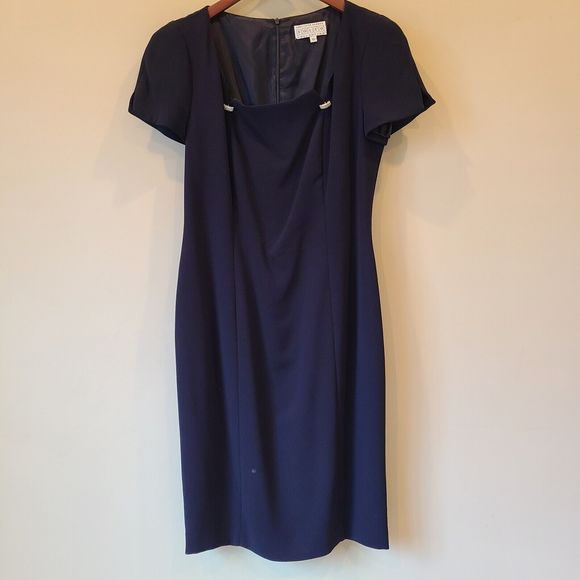 Vintage Saks Fifth Avenue Women's Sheath Dress Navy Size 10 Square Neck Career - Picture 1 of 12